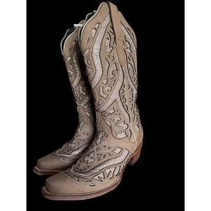 VTG JB DILLON WOMEN BOOTS 7 B COWBOY SPARKLE CROC INLAY SNIP TOE TAN BROWN